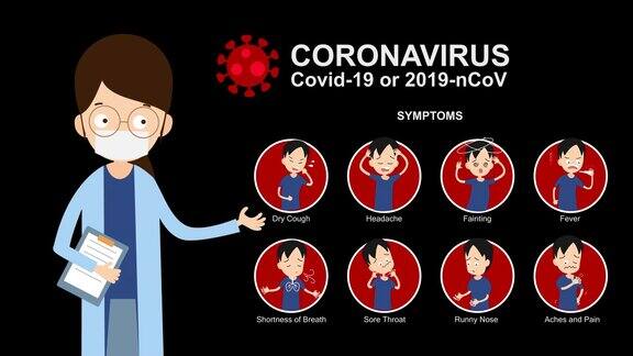 Covid-19症状医生卡通动画简单的运动图形动画的新冠病毒2019-ncov信息图形带阿尔法matte