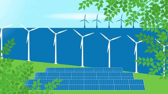 插图视频树叶和可再生能源太阳能电池板和风力发电海洋发电