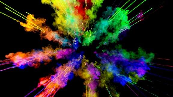 爆炸的火药孤立在黑色背景3d动画的粒子作为彩色的背景或覆盖效果迸发出彩虹般的色彩粉饼呈现出明亮如胡里节58