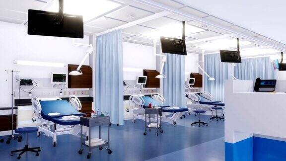 现代急诊室的空病床3D动画