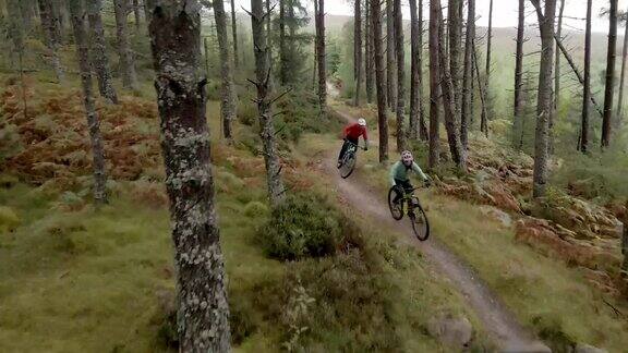 无人机拍摄到两名山地自行车手在一条树木繁茂的自行车道骑车