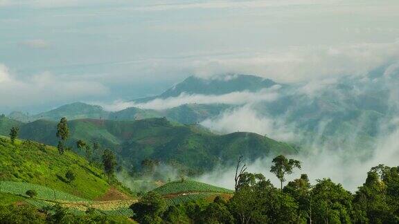 云雾弥漫的早晨笼罩着山峦和小村庄