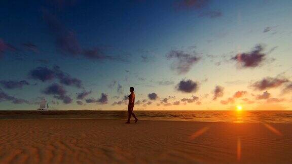 女人的剪影走在海滩上美丽的日落4K