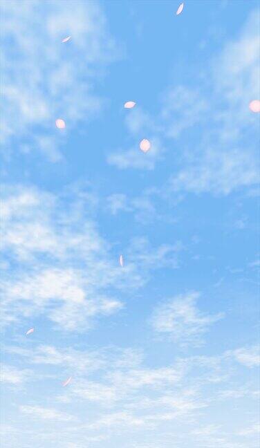 4k循环动画垂直视频素材的三维樱花花瓣飘落在蓝天与云