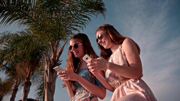 在棕榈树海滩上发短信的潮人朋友