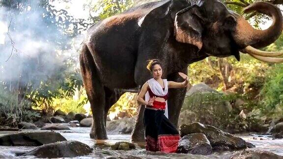亚洲女人与大象在小溪泰国清迈