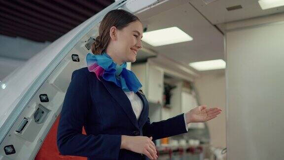 美丽的白人空姐在飞机上微笑热情和欢迎的微笑