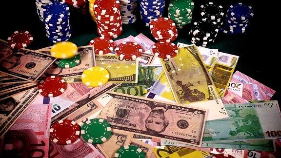 赌博钱、筹码、扑克牌和红色骰子
