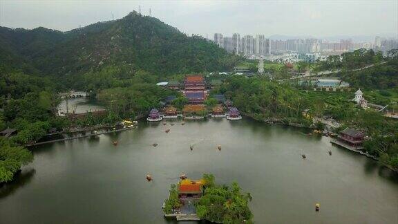 阴天时间珠海著名的新暖明公园湖泊航拍全景4k中国