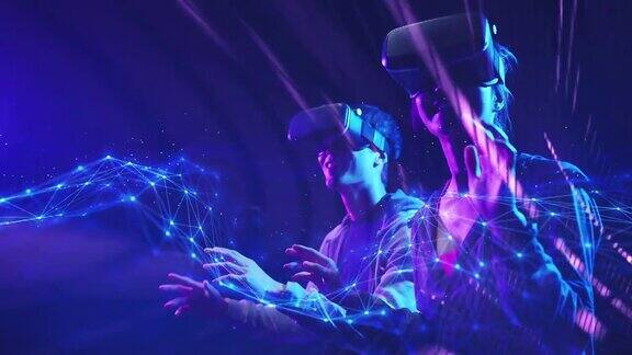 青少年玩VR虚拟现实眼镜运动游戏3D网络空间未来霓虹五彩背景未来数字技术游戏和娱