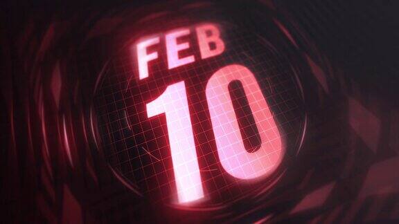 2月10日3d动画红外线日历在未来和科技发光霓虹灯拍摄纪念在led等4k循环