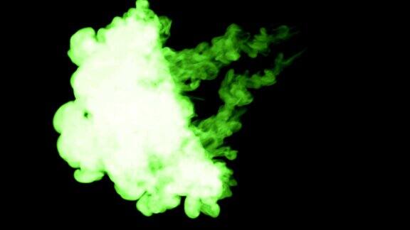 荧光亮丽的绿色卷曲在水中许多滴墨这是3d渲染镜头在墨色背景或墨色效果在合成与alpha通道使用光磨