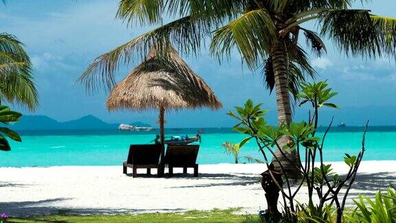 沙滩椅、雨伞和沙滩上的棕榈树当地长尾船经过利比岛泰国亚洲