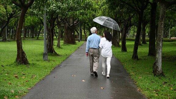 一对中国老年夫妇在雨中手挽手散步