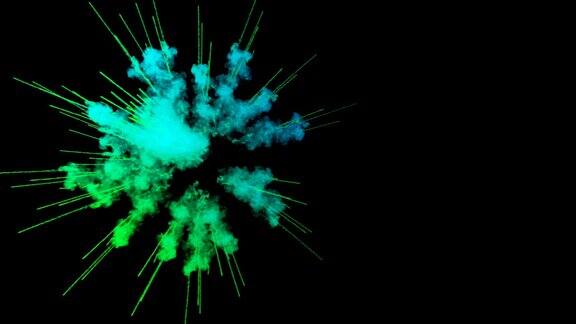 烟花般的油漆爆炸的彩色粉末孤立在黑色背景3d动画作为彩色的抽象背景绿色的颜色