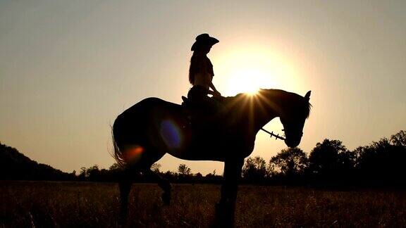 日落时一个骑马的女人的剪影
