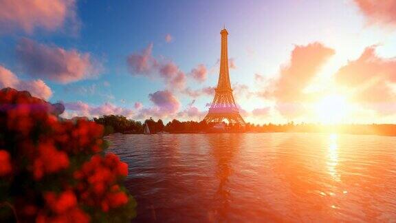 巴黎塞纳河埃菲尔铁塔映衬着美丽的夕阳
