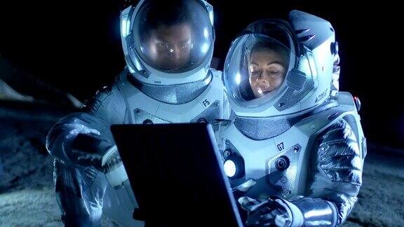 两名宇航员穿着太空服在笔记本电脑上工作探索新发现的行星与地球通信太空旅行探索和殖民概念
