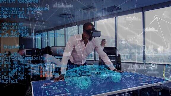 数字合成视频数据处理和3D汽车绘图对人佩戴虚拟现实