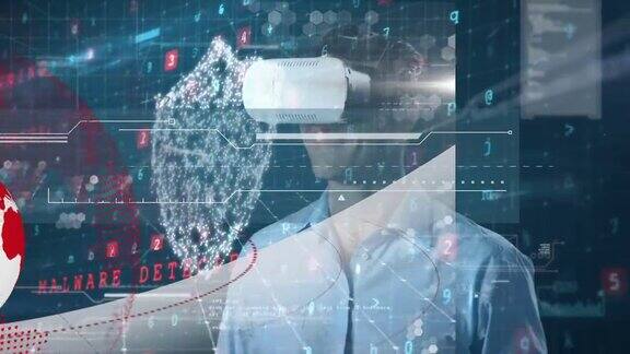 数据处理动画戴着虚拟现实头盔的人在网上的安全盾牌