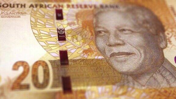 南非20兰特纸币观察和储备侧的跟踪多莉拍摄20ZAR兰特纸币当前20兰特纸币4k分辨率股票视频-南非货币货币背景金融通货膨胀