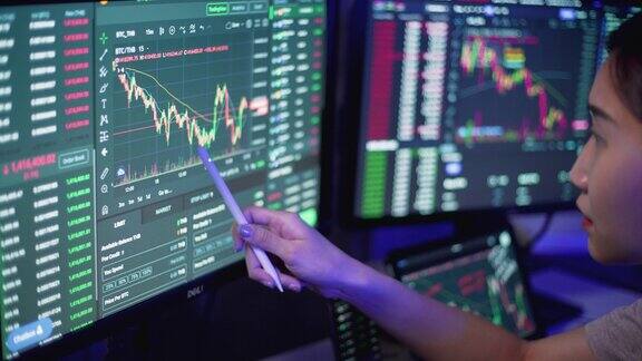 女商人股票经纪人在夜间工作监控室里有加密货币和股票市场和交易所数据的显示屏