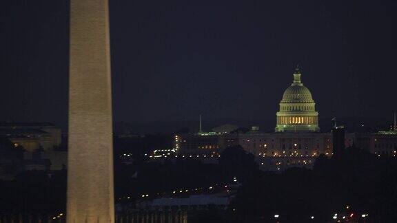黄昏俯瞰林肯纪念堂、华盛顿纪念碑和国会大厦