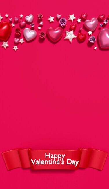 闪亮的红色和粉红色的心和灯与快乐的情人节标题在4K分辨率的红色垂直视频