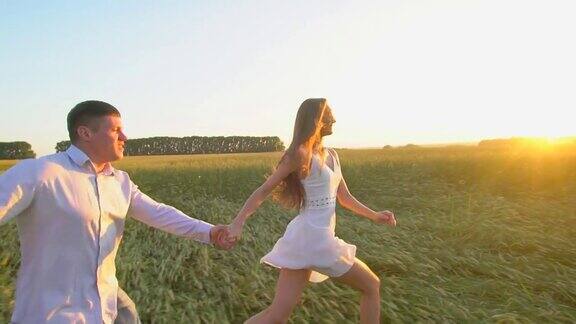 跟我来幸福的夫妇牵着手在金色的麦田上奔跑在户外玩耍夫妇在草地上散步年轻的男人和美丽的女人幸福的家庭在恋爱太阳耀斑慢动作