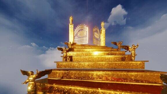 金色天使在通往天堂之门的阶梯上明亮的鸽子4K