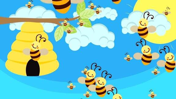 蜂箱和许多蜜蜂在一个美好的日子飞行