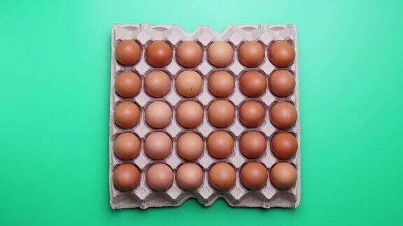 4k定格运动:在绿色背景的纸板箱中移动一排棕色鸡蛋