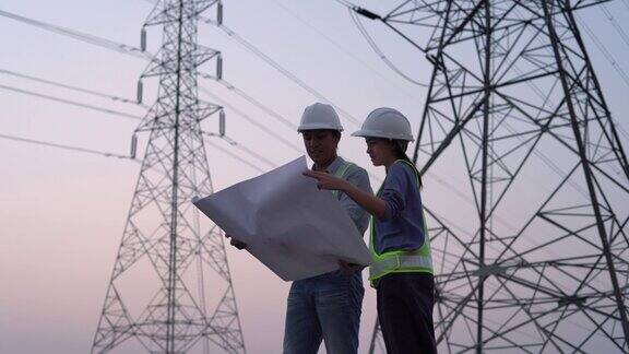 两名电气工程师在高压塔附近工作