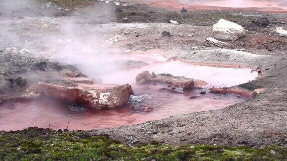 黄石国家公园的粉红壶温泉正在冒热气