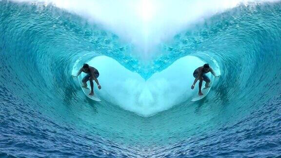 慢动作:冲浪者在心形的管子状波浪中冲浪