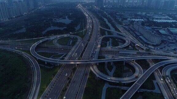 现代城市立交桥夜间鸟瞰图湖南中国