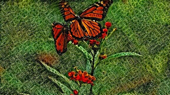 艺术螺旋式的绿色和红色动画蝴蝶飞过植物数字艺术