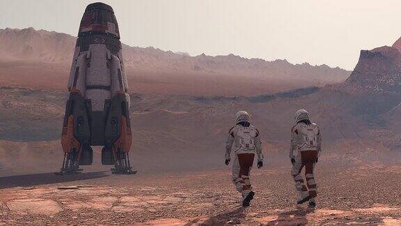 在火星上的殖民地两名宇航员在火星表面行走火星探索任务未来主义殖民和空间探索概念