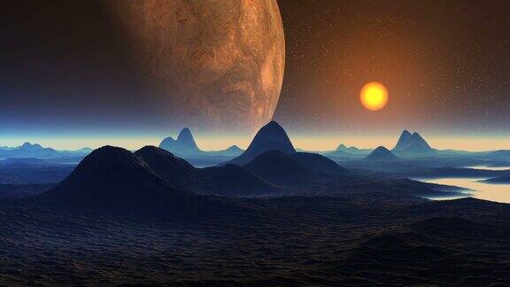 巨大的外星行星和日落