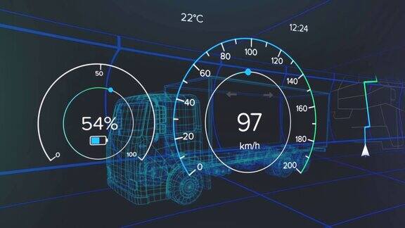 动画速度计gps和充电状态数据的车辆界面超过3d卡车模型