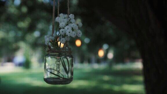 带花的玻璃瓶装饰着这棵树