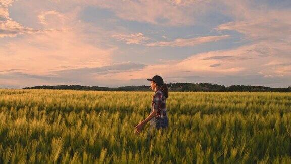 少女在乡村麦田里散步