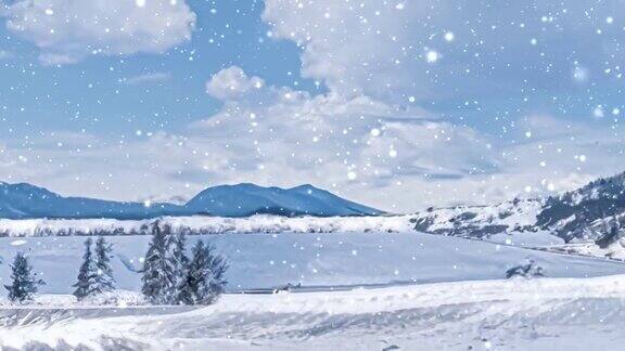 冬天的仙境和下雪的圣诞风景冰封的湖在雪山和树木覆盖的雪作为假日的背景