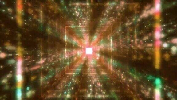 现代粒子抽象正方形隧道飞行通过发光放大正方形创建隧道现代彩色照明(循环)
