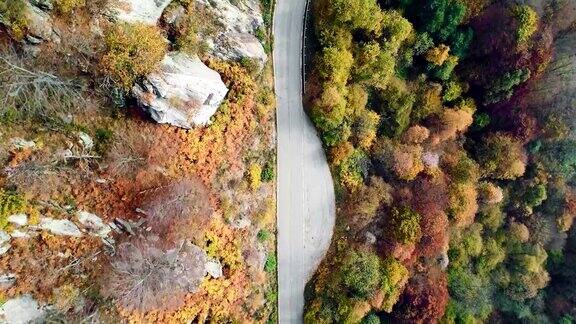 空中鸟瞰图的道路在多彩的乡村秋天的森林秋天有橙、绿、黄、红的树林山区街道道路的建立4k无人机飞行直线下降建立拍摄