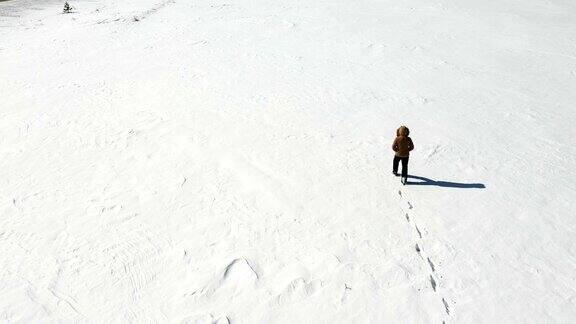 一个孤独的人走在冰雪覆盖的北极沙漠从以上观点孤独和克服