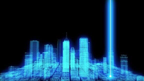 未来网络商务智慧城市和城市能源技术概念霓虹色彩城市建筑模型3D城市用激光扫描检测