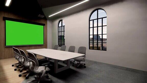 3d插图动画一个无缝全景的房间和办公室会议室室内设计3D渲染接待处在一个现代化的全景办公室墙上的绿色屏风