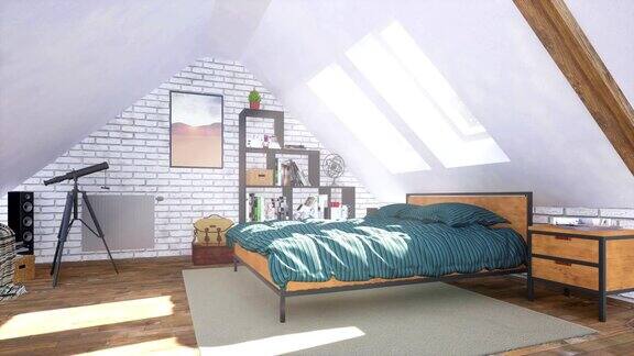 室内舒适的现代卧室在阁楼3D动画