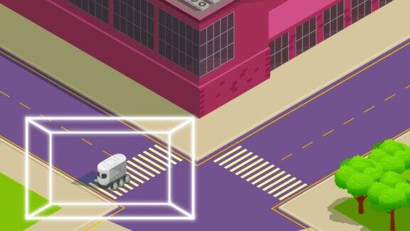 自动送货机器人过马路Smart-sensing未来技术彩色2D平面动画